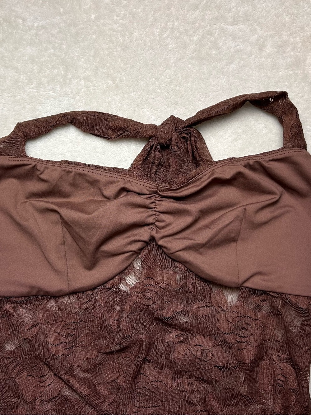 REORIA Chocolate Brown Lace Halter Crop Top Women’s Large Y2K Sweetheart Neck - Picture 4 of 7